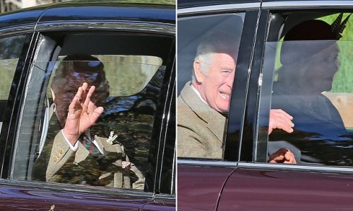 Enjoying the Balmoral sunshine: King Charles waves to well-wishers en route to Crathie Church as he attends Sunday service with Queen Consort Camilla