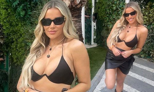 Georgia Kousoulou exposes her ample cleavage in a tight black bikini top and skimpy sarong as she shares sizzling snaps from Ibiza getaway
