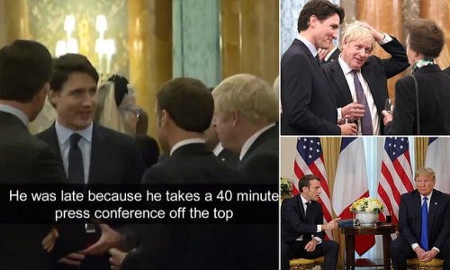 Justin Trudeau, Emmanuel Macron and Boris Johnson are caught appearing to gossip about Trump