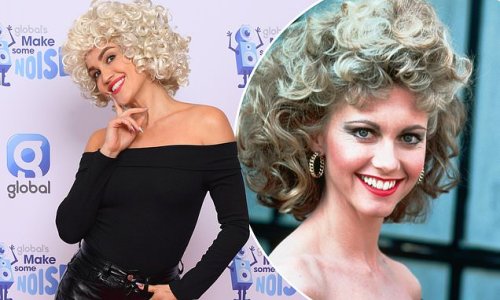 Ashley Roberts transforms into Sandy from Grease with skintight leather trousers and a blonde curly wig for Global's Make Some Noise Day