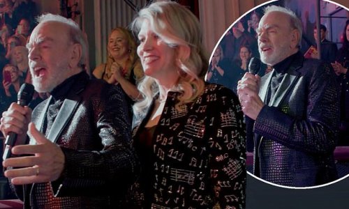 Neil Diamond sings Sweet Caroline at the Broadway opening of his musical A Beautiful Noise with wife Katie McNeil by his side... five years after retiring due to Parkinson's diagnosis