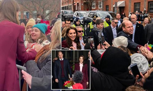 Young woman sobs with joy at meeting Kate as the Prince and Princess of Wales are mobbed by royal fans during charm offensive tour in Boston - amid Harry and Meghan's explosive doc trailer release and Palace race row