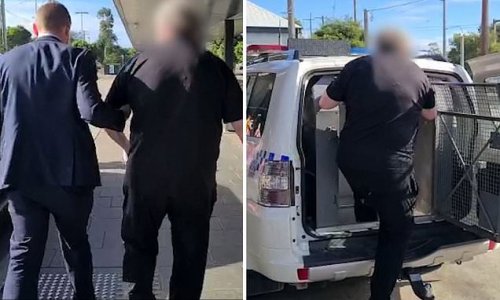 Middle-aged man accused of trying to have sex with a 14-year-old girl WADDLES down the street after being caught in online cop sting – before struggling to fit in the police van