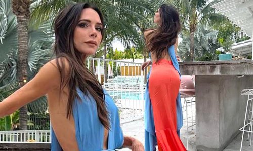 Victoria Beckham flaunts her svelte physique in a plunging blue and red dress as she poses for 'casual' snaps during a poolside shoot