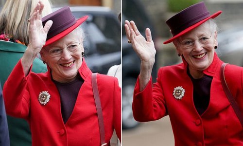 Stunning in scarlet! Queen Margrethe II of Denmark beams as she arrives at the Danish Church of St Katharine's in Camden for a service in honour of her Golden Jubilee