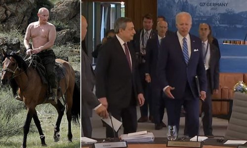 'Bare chested horseback riding': G7 leaders mock Vladimir Putin as they sit down to lunch as Biden tries to hold them together after bombs drop on Kyiv
