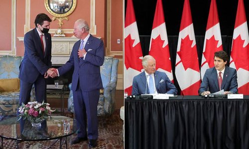 Charles and the masked PM! Justin Trudeau wears a face covering to welcome the prince to Canada... then removes it minutes later for a roundtable talk on the environment