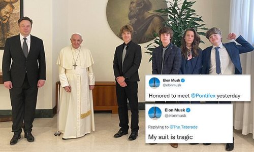 Elon Musk and his kids visit Pope Francis: Tesla CEO breaks his Twitter hiatus to share photo of himself with the pontiff before admitting his ill-fitting suit is 'tragic' when he's called out by followers