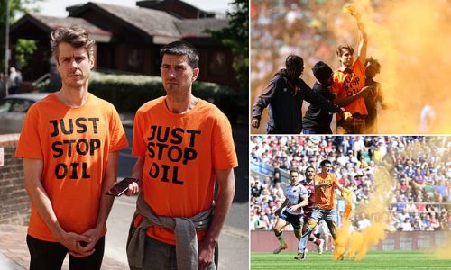 Two Just Stop Oil activists who 'invaded rugby pitch at Twickenham and threw orange cornflour on the field' appear in court charged with criminal damage and aggravated trespass