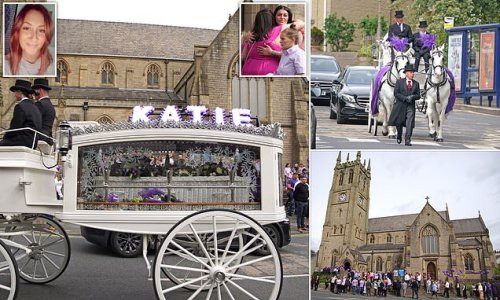 Balloons and a horse-drawn carriage for Katie Kenyon's funeral: Mourners wear 'murdered' mother-of-two's favourite colour purple as she is laid to rest in a white wicker coffin