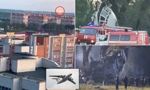 Massive Russian Il-76 cargo plane crashes on the way to Ukraine 'after catching fire mid-air' killing at least four crew on the way to supply Putin's war effort
