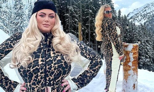 Gemma Collins looks sensational in a leopard print scuba suit and eye-catching pink snow boots as she poses on the slopes in Austria
