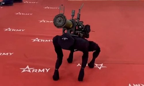 Robo-dog armed with a GREANDE LAUNCHER is unveiled at Russian arms fair - but experts say it is actually a Chinese 'home helper' that can be bought online for just £2,500