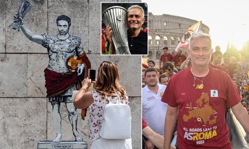A mural fit for a king! Jose Mourinho is immortalised in Rome after he led Roma to Europa Conference League glory, with an image of him dressed as an emperor and holding the trophy unveiled after wild celebrations