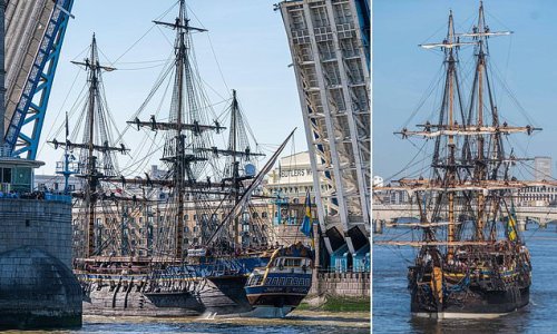 A voyage back to 1738: London steps back in time as wooden replica of 18th-century Swedish East India Company ship sails along the River Thames and through Tower Bridge