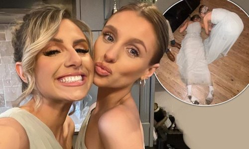 'How it started vs how it ended': Chloe Burrows poses with lookalike sister Bridie before hilariously lying on the floor at their father's wedding