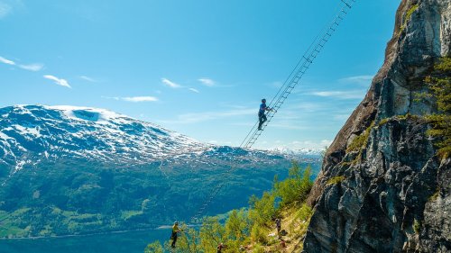 Pictured: The nail-biting mountain ladder in Norway 2,600ft above sea level - with people who climb...