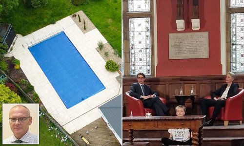 Pictured: Luxury swimming pool at £850,000 six-bed family home of trans activist who glued themself to Oxford Union stage and their former Paratrooper, Extinction Rebellion-backing wealthy father