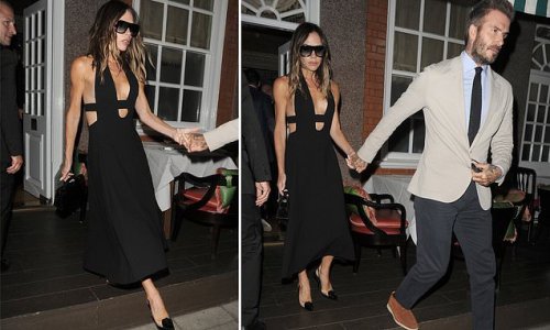 Victoria Beckham slips into a £3,000 plunging black YSL dress as she enjoys dinner with her husband David - the couple's first sighting since daughter-in-law Nicola Peltz's claims the designer blanked her following her wedding dress offer
