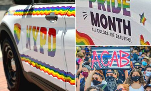 Social media users point out that artist hired to decorate NYPD cruiser in honor of Pride month may have put anti-police message on the door of the vehicle