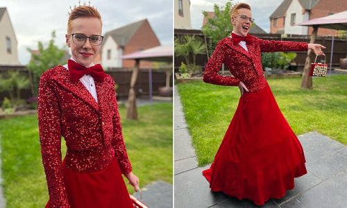 Boy, 16, delights Twitter by revealing he wore a sequined tuxedo jacket and vibrant red ballgown skirt to his prom (and even Michelle Visage is a fan!)