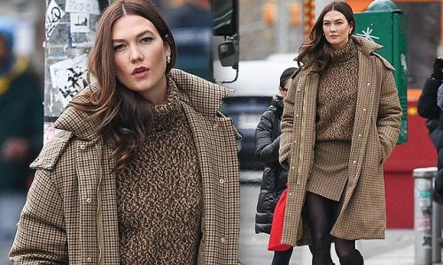 Karlie Kloss shows off darker hair and a matching coat and mini skirt