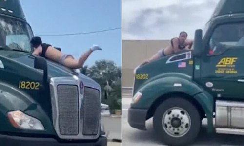 Florida man is filmed clinging to the hood of a semi truck driving down an interstate for NINE MILES