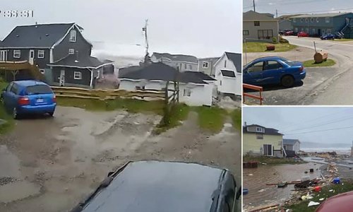 Horrifying moment 'tsunami-style wave' wipes out houses in stunning Newfoundland town as Canada is thrashed by Hurricane Fiona: Homes swept out to sea as a woman missing and 471,000 without power