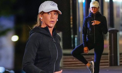 Jennifer Aniston keeps fit on the set of The Morning Show as she heads for a jog before catching up with co-star Reese Witherspoon