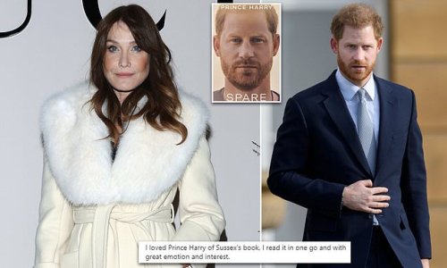 Former French First Lady Carla Bruni thanks 'sincere' Prince Harry for his 'brave and daring' memoir Spare - after being accused of 'condoning racism' towards the Sussexes