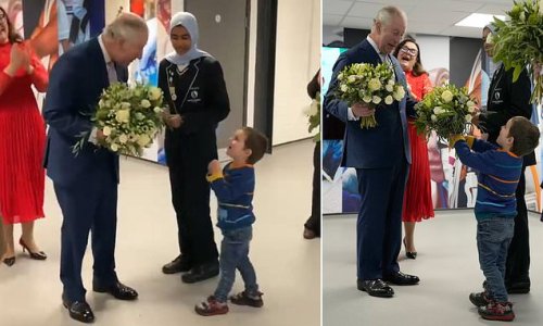 Watch the adorable moment a little boy enthusiastically thrusts a bouquet of flowers at King Charles