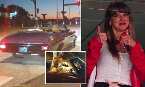 Travis Kelce and Taylor Swift are spotted driving around Kansas City in his vintage convertible after she attended Chiefs game: 'It's like America's version of the Royal Wedding'