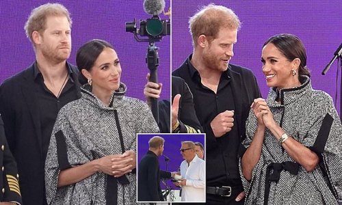 Meghan and Harry join Kevin Costner at his $26 million polo field in Santa Barbara and pose for selfies with Katy Perry's parents at $12,000-a-table fundraiser for first responders headlined by Maroon 5