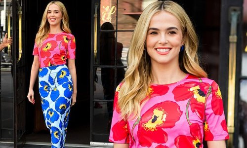 Flower power! Zoey Deutch steps out in a pink and blue floral print outfit in New York City as she promotes her new film Not Okay