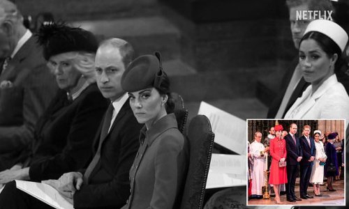 Meghan and Harry's Netflix trailer features black-and-white photo of couple alongside 'glaring' Princess of Wales and Prince William at awkward 2019 Commonwealth Day service