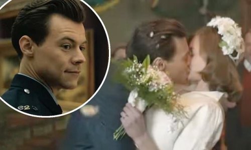 My Policeman TEASER: Harry Styles shares kiss with on-screen wife Emma Corrin as they get married... after intimate gallery chat with man who he will have an affair with