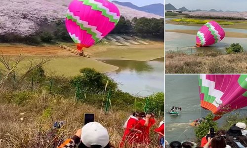 Terrifying moment hot air balloon crashes into Chinese lake, drags screaming tourists through the water and starts to SINK