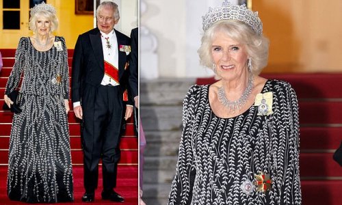 Camilla oozes sophistication in a black evening gown with sparkling silver embroidery by Princess Diana's favourite designer Bruce Oldfield as she steps out for the State Banquet in Berlin