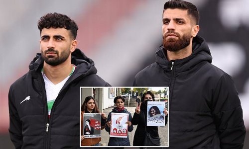 Iran football team COVER national emblem to show solidarity with protestors following the death of Mahsa Amini in police custody... as demonstrators surround the stadium to make their voices heard at friendly played behind closed doors