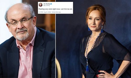JK Rowling is 'feeling very sick' after learning 'horrifying' news that Salman Rushdie has been stabbed and says: 'Let him be OK'