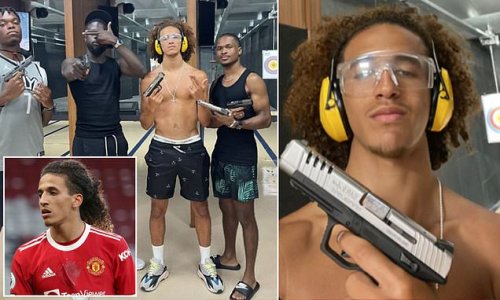 Manchester United star Hannibal Mejbri poses with a hand GUN whilst on holiday with his friends... before 19-year-old Tunisian with more than 890,000 followers quickly deletes the photos from his Instagram story