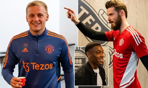 Glad to be back lads? Returning Manchester United loanees Anthony Martial and Donny van de Beek are all smiles on the first day of pre-season training under Erik ten Hag as both players aim to resurrect their Old Trafford careers under the new boss