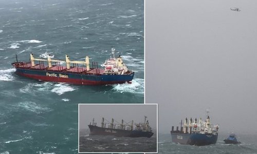 Breakthrough as adrift cargo ship is finally towed to safety after a heart-stopping rescue attempt by a hovering helicopter failed in monster seas