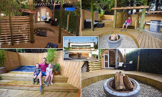 Father transforms his 'scrub land' back yard into a Love Island villa-inspired decked garden - complete with a fire pit, sauna, hot tub and a cosy log cabin
