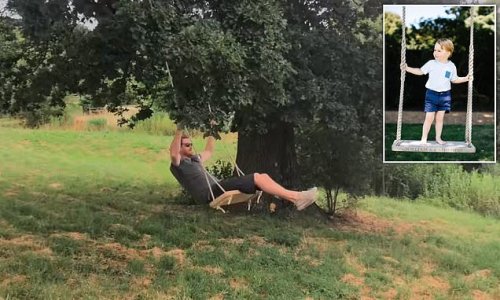 A present from Dad? Prince Harry is seen relaxing on a wooden swing just like the one the Cambridges were gifted by King Charles
