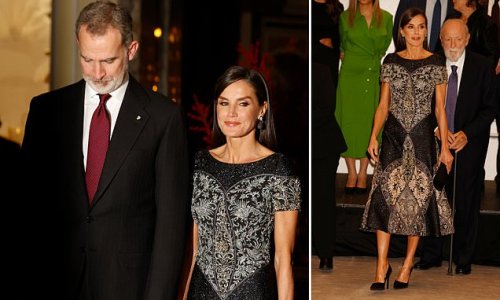 Dazzling in diamonds! Queen Letizia shows off her toned arms in gem-encrusted Felipe Varela gown at journalism awards in Madrid