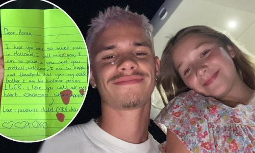 'I am so thankful you're my brother!' Romeo Beckham, 20, reveals adorable handwritten note from little sister Harper, 11, as he heads to Holland