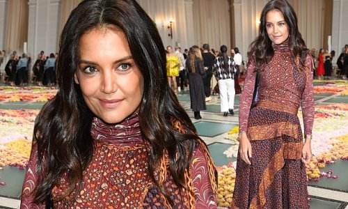 Katie Holmes stuns in tight, colorful dress with long skirt as she hits