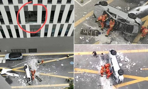 Chinese experimental electric car flies out of third floor of skyscraper and crashes to the ground killing two 'test drivers'