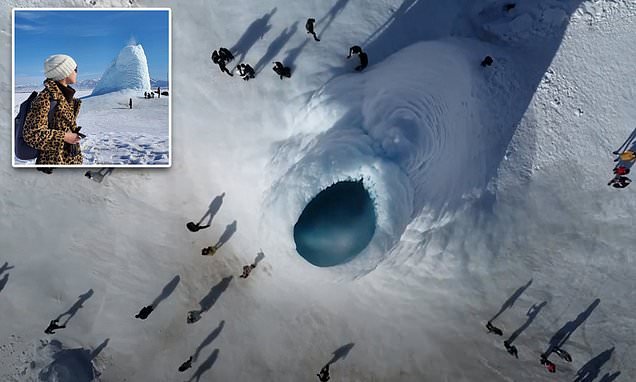 Stunning 'ice volcano' that stands 45 feet tall forms in Kazakhstan from underground springs that spout water which freezes almost instantly upon meeting the freezing air